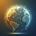 Globe terrestre numérique stylisé montrant des connexions réseau lumineuses sur fond sombre