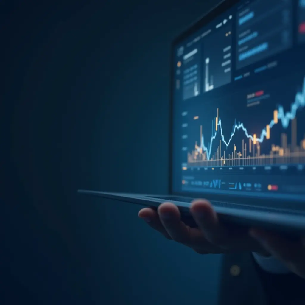 Personne interagissant avec un écran affichant des graphiques et des données financières