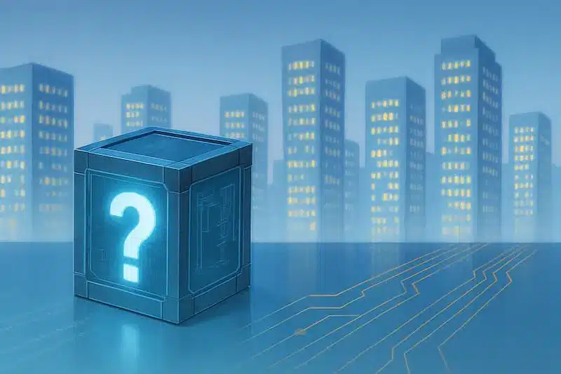 Cube bleu avec un point d'interrogation lumineux posé sur un sol réfléchissant, devant un paysage urbain stylisé