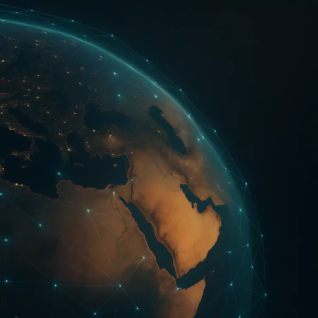 Vue satellite de la Terre centrée sur l'Europe et l'Afrique, montrant les lumières des villes la nuit